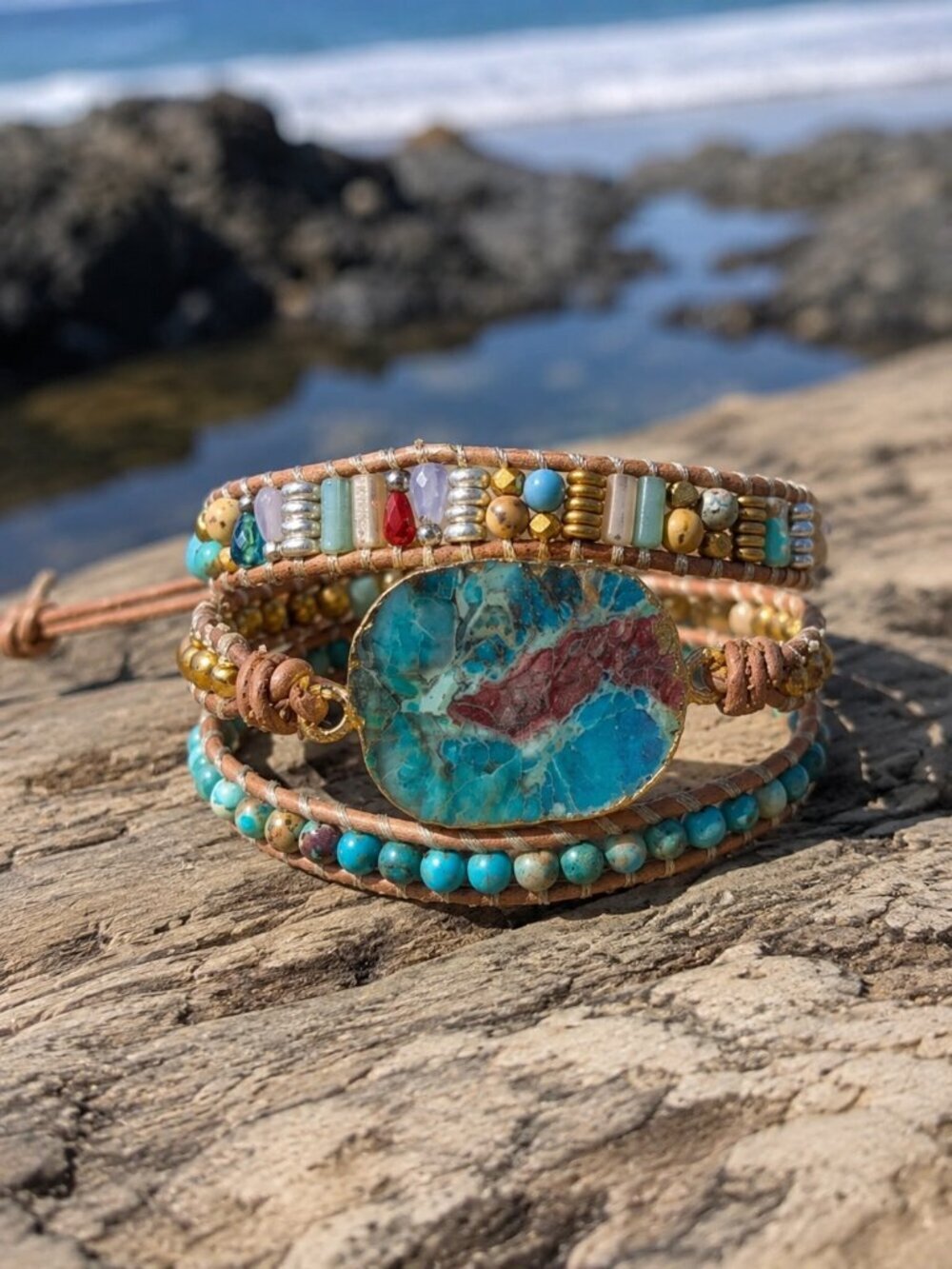 Chrysocolla Jasper Leather Wrap Bracelet Triple Layer Boho Artisan Adj 20-23"